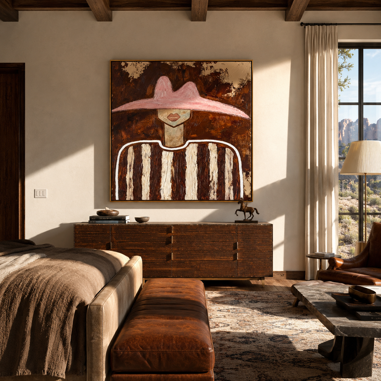 Rose Peak Meets Umber - brown striped figure painting by Elliot Vale, modern figurative square wall art - styled room scene view 2