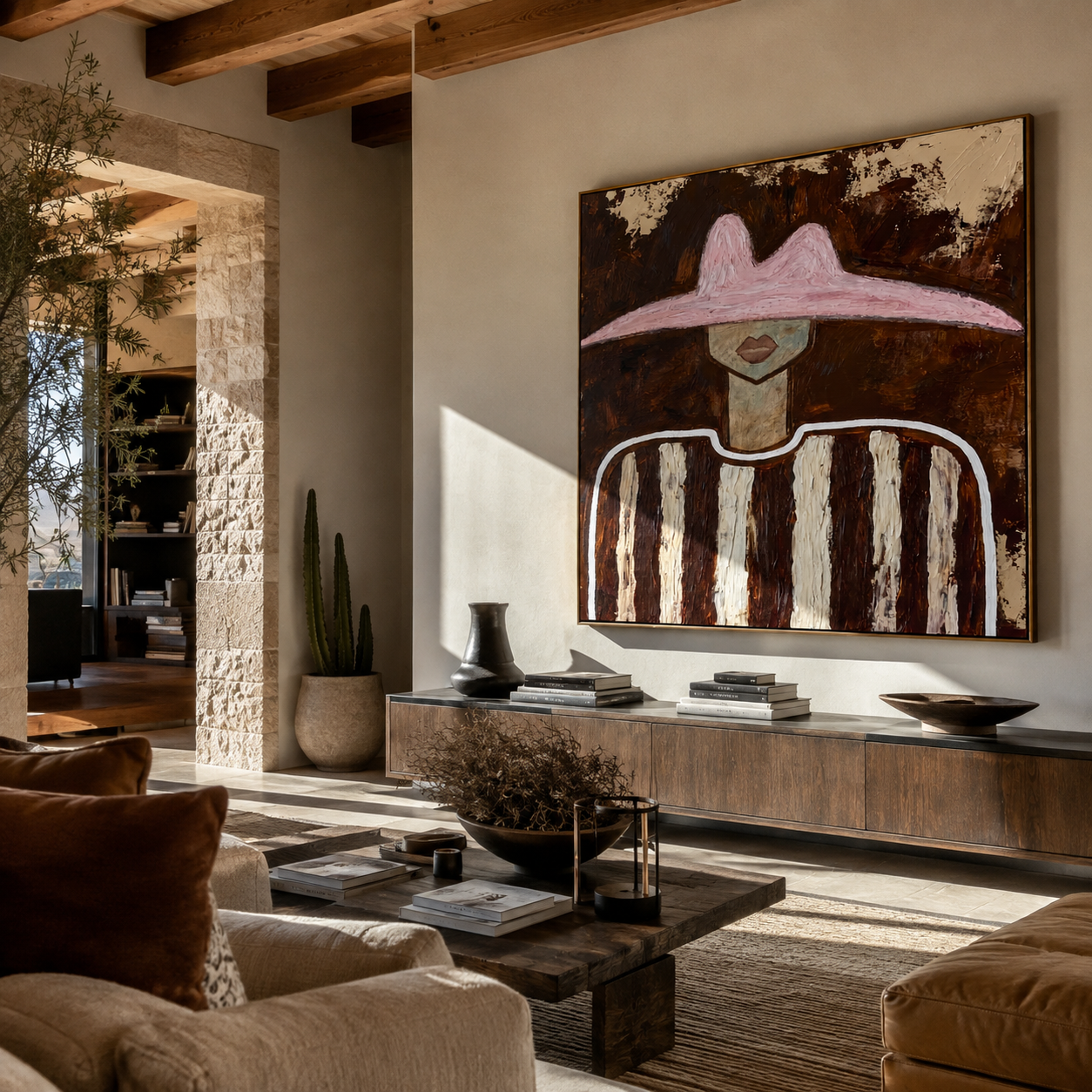 Rose Peak Meets Umber - brown striped figure painting by Elliot Vale, modern figurative square wall art - styled room scene view 3