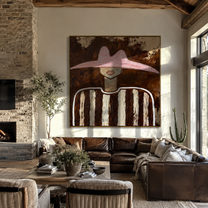 Rose Peak Meets Umber - brown striped figure painting by Elliot Vale, modern figurative square wall art - styled room scene view 4