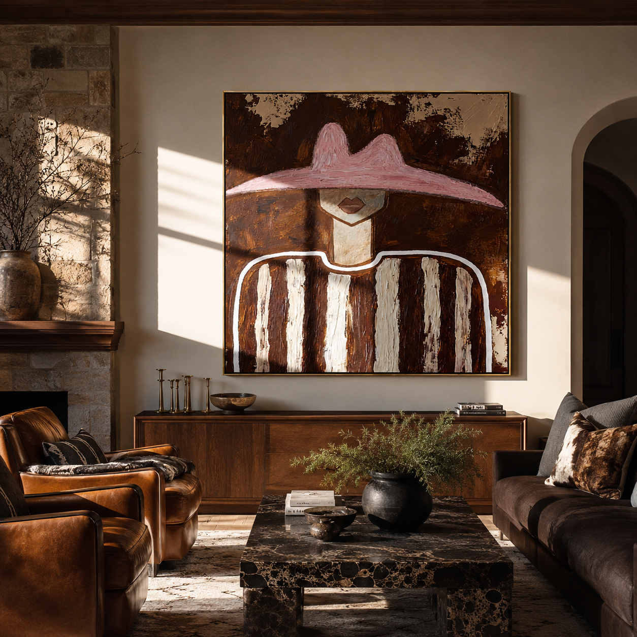 Rose Peak Meets Umber - brown striped figure painting by Elliot Vale, modern figurative square wall art - styled room scene view 5
