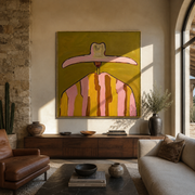 Pink Brim Crowns Mustard - mustard pink striped painting by Elliot Vale, modern figurative square wall art - styled room scene view 1