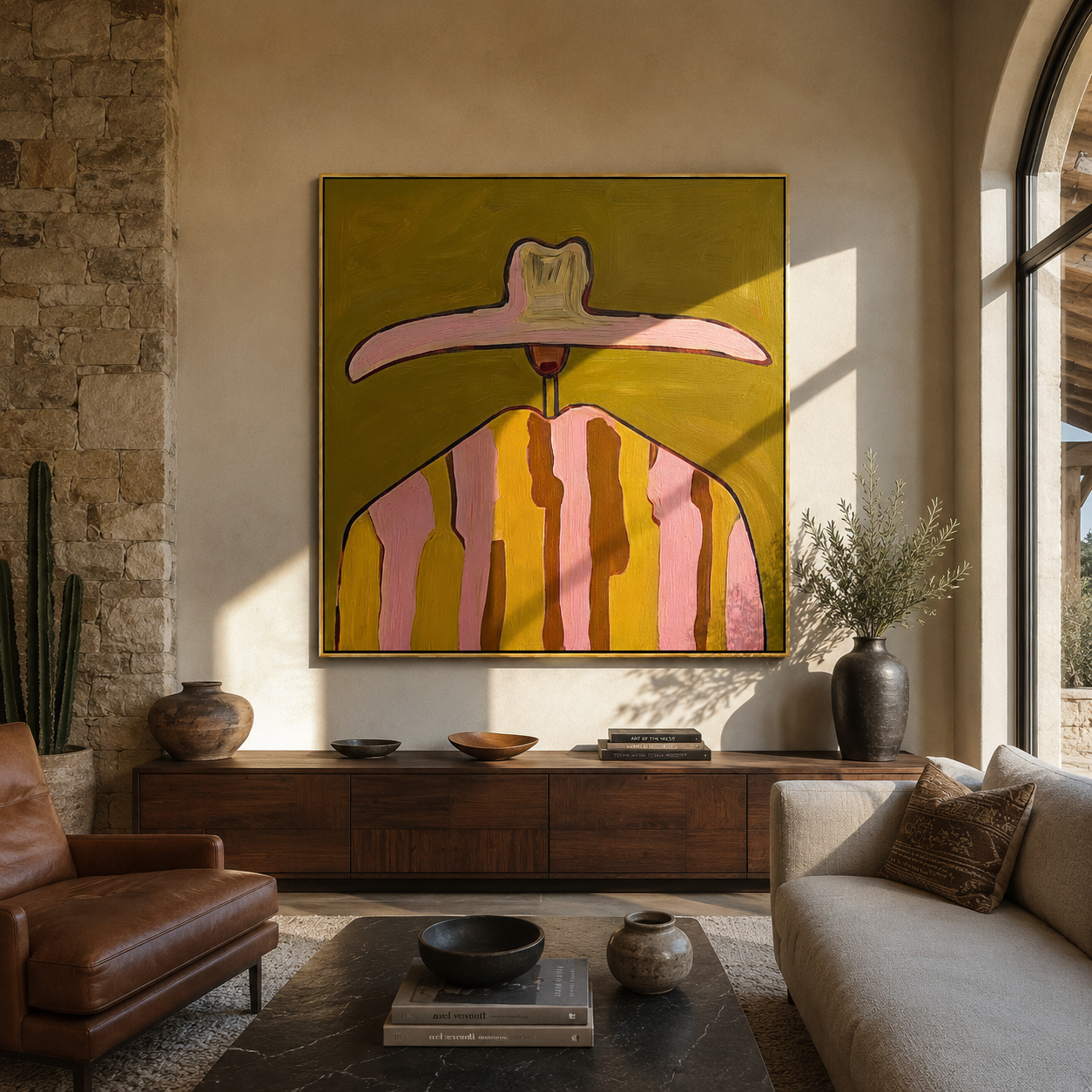 Pink Brim Crowns Mustard - mustard pink striped painting by Elliot Vale, modern figurative square wall art - styled room scene view 1