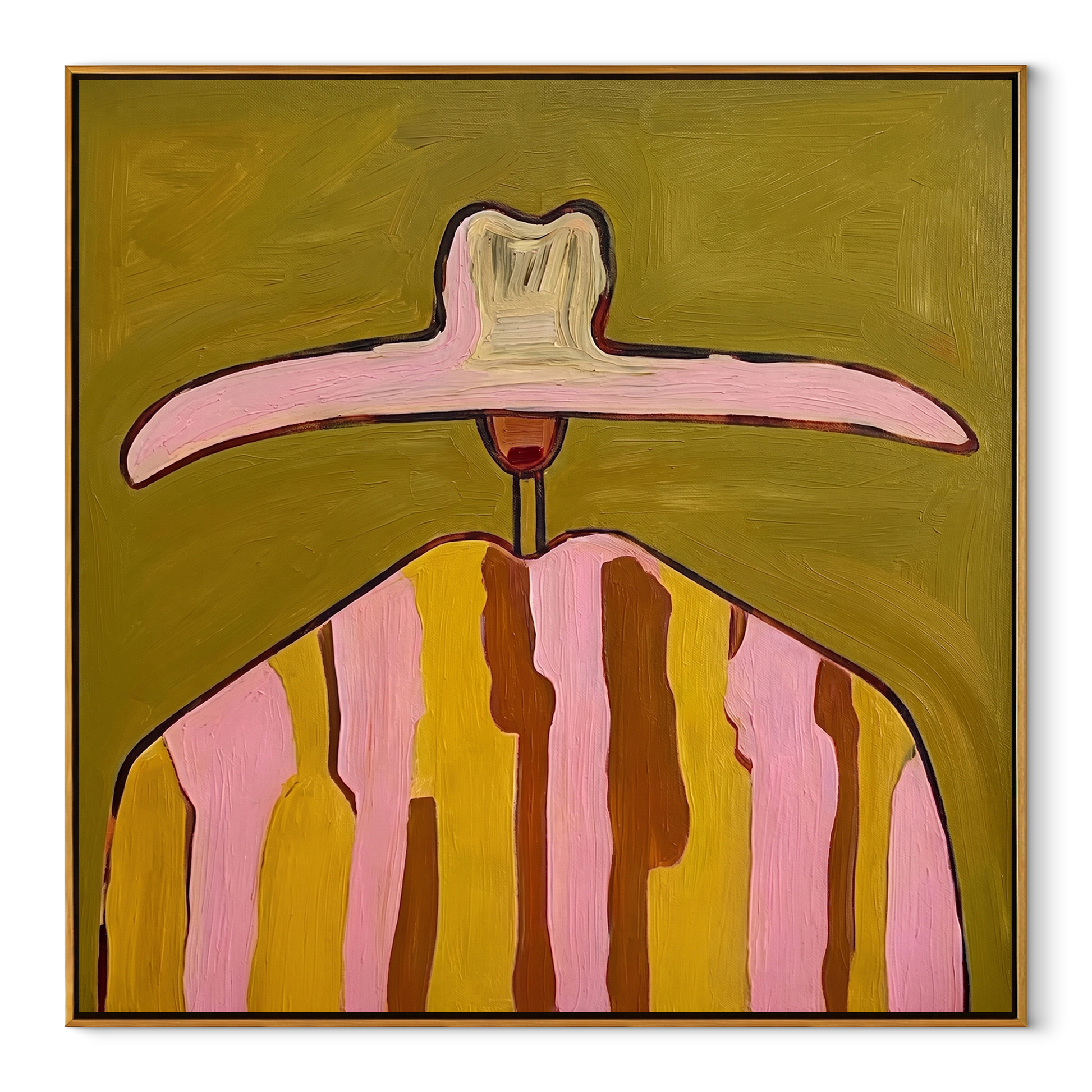 Pink Brim Crowns Mustard - mustard pink striped painting by Elliot Vale, modern figurative square wall art - wood frame on white background