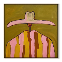 Pink Brim Crowns Mustard - mustard pink striped painting by Elliot Vale, modern figurative square wall art - wood frame on white background