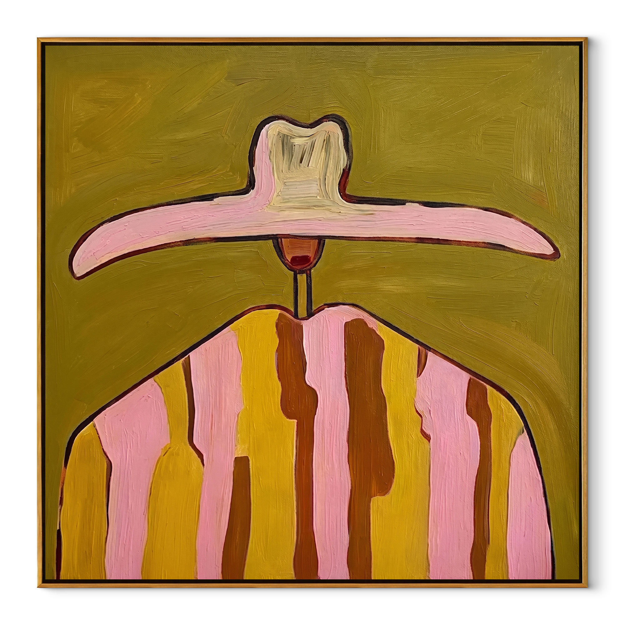 Pink Brim Crowns Mustard - mustard pink striped painting by Elliot Vale, modern figurative square wall art - wood frame on white background