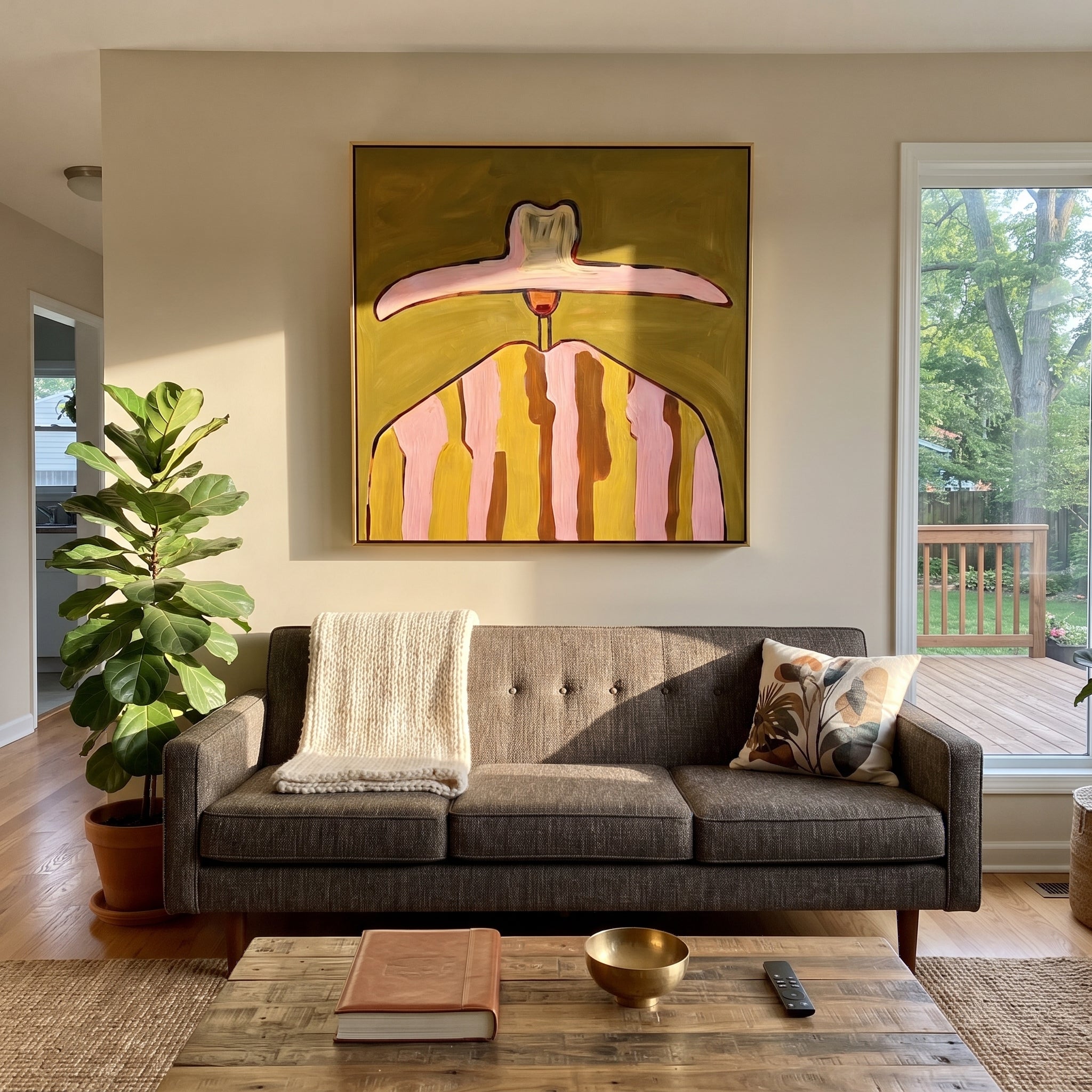 Pink Brim Crowns Mustard - mustard pink striped painting by Elliot Vale, modern figurative square wall art - styled room scene view 2
