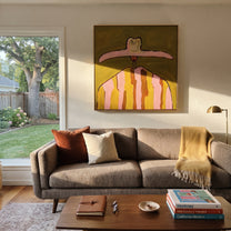 Pink Brim Crowns Mustard - mustard pink striped painting by Elliot Vale, modern figurative square wall art - styled room scene view 3