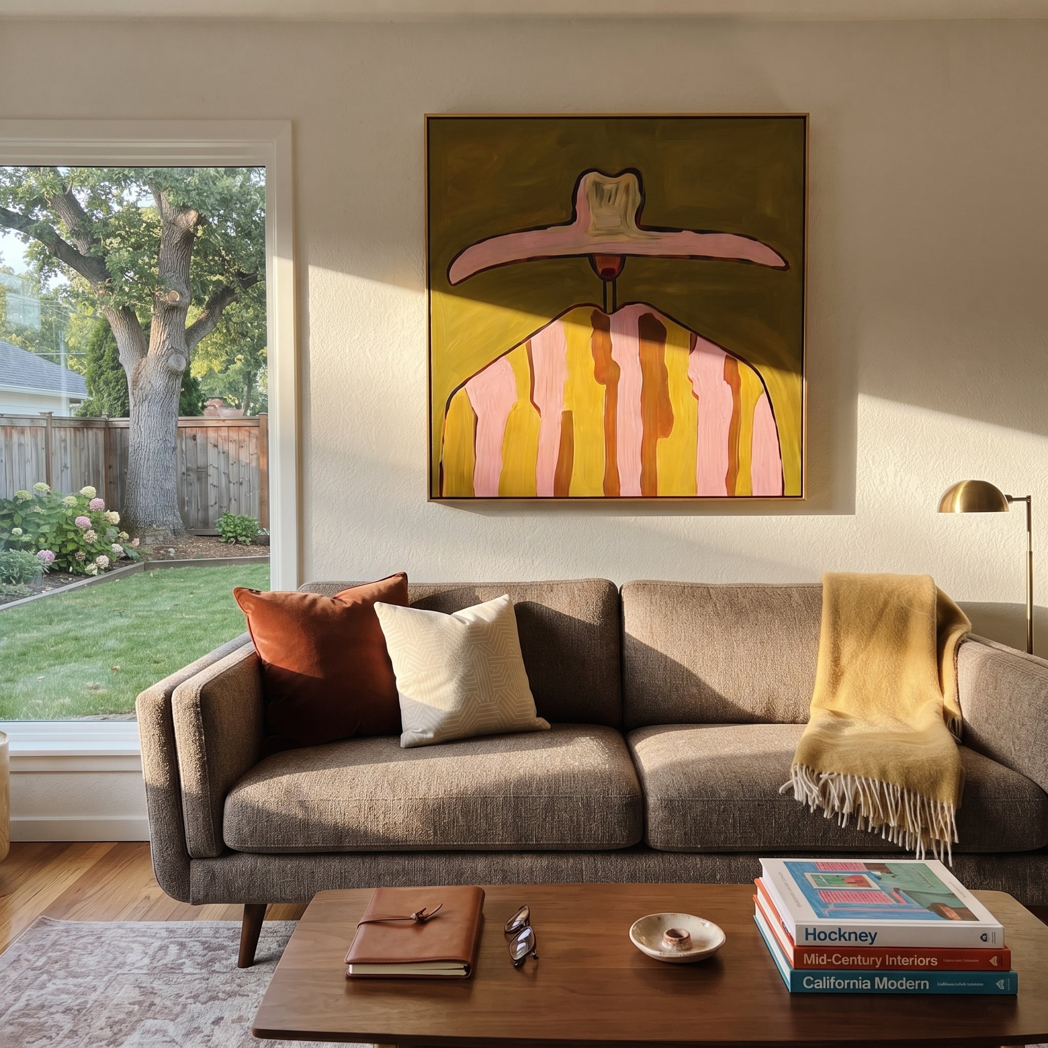 Pink Brim Crowns Mustard - mustard pink striped painting by Elliot Vale, modern figurative square wall art - styled room scene view 3