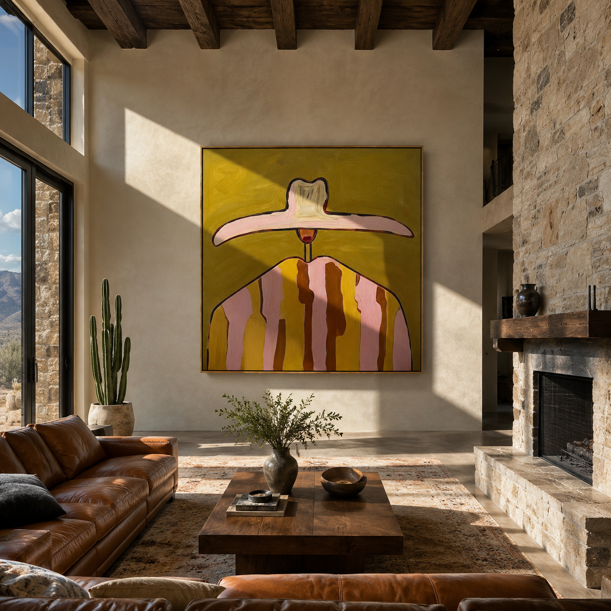 Pink Brim Crowns Mustard - mustard pink striped painting by Elliot Vale, modern figurative square wall art - styled room scene view 4