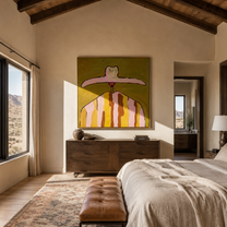 Pink Brim Crowns Mustard - mustard pink striped painting by Elliot Vale, modern figurative square wall art - styled room scene view 5
