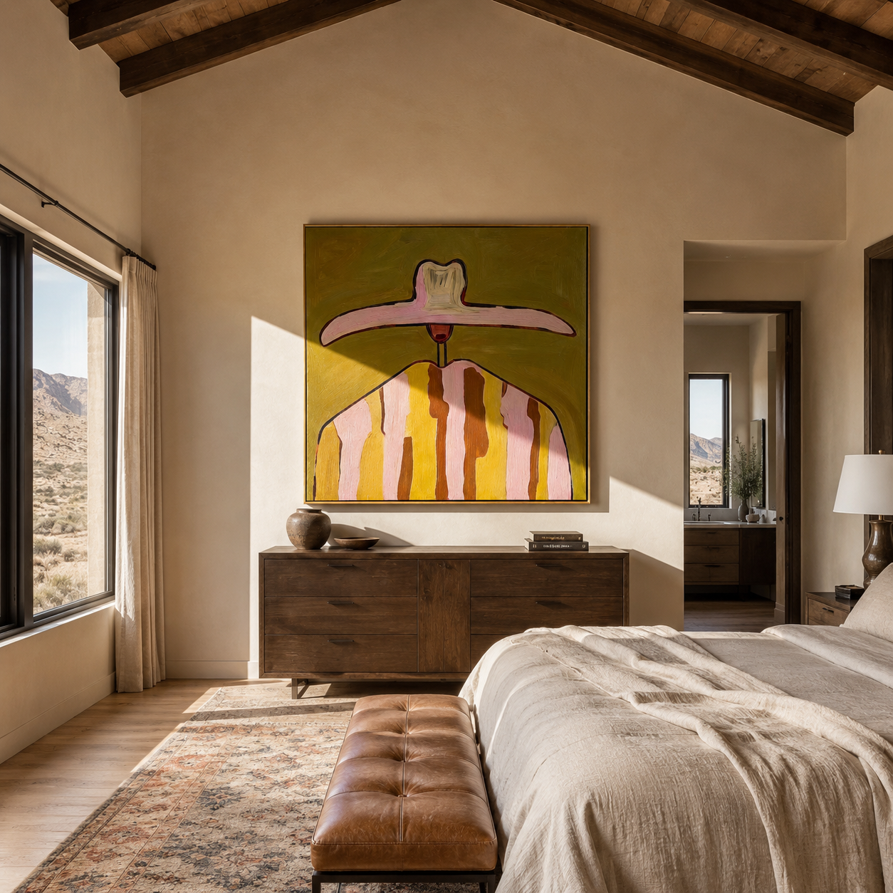 Pink Brim Crowns Mustard - mustard pink striped painting by Elliot Vale, modern figurative square wall art - styled room scene view 5