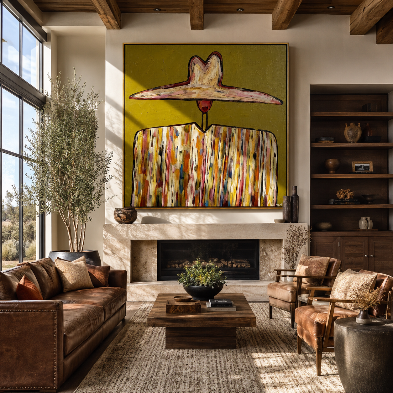 Painted Stripes Hold Sun - multicolor western figure painting by Elliot Vale, modern figurative square wall art - styled room scene view 1