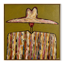 Painted Stripes Hold Sun - multicolor western figure painting by Elliot Vale, modern figurative square wall art - wood frame on white background