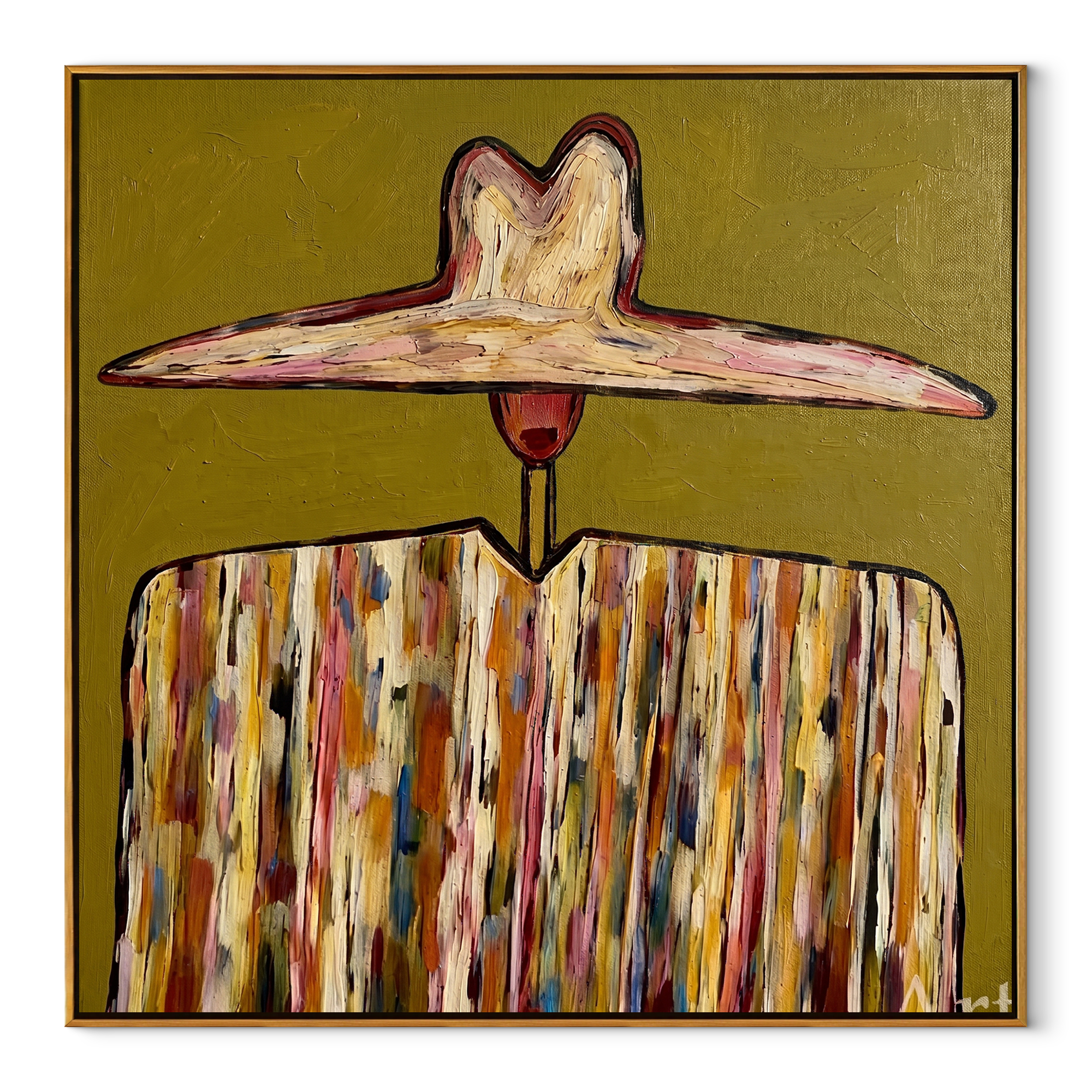 Painted Stripes Hold Sun - multicolor western figure painting by Elliot Vale, modern figurative square wall art - wood frame on white background