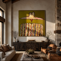 Painted Stripes Hold Sun - multicolor western figure painting by Elliot Vale, modern figurative square wall art - styled room scene view 2