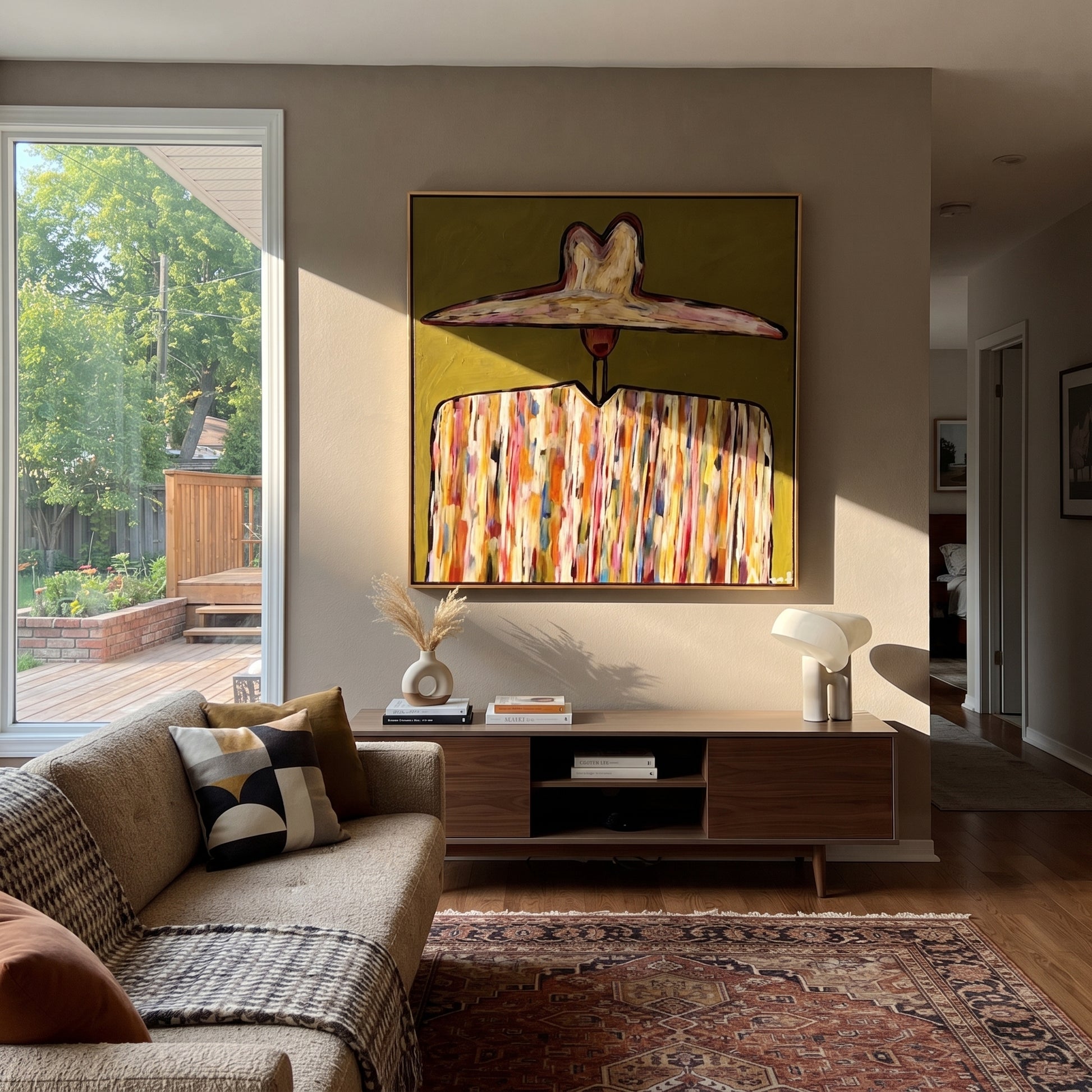 Painted Stripes Hold Sun - multicolor western figure painting by Elliot Vale, modern figurative square wall art - styled room scene view 3