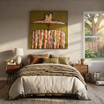 Painted Stripes Hold Sun - multicolor western figure painting by Elliot Vale, modern figurative square wall art - styled room scene view 4