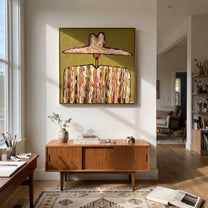 Painted Stripes Hold Sun - multicolor western figure painting by Elliot Vale, modern figurative square wall art - styled room scene view 5