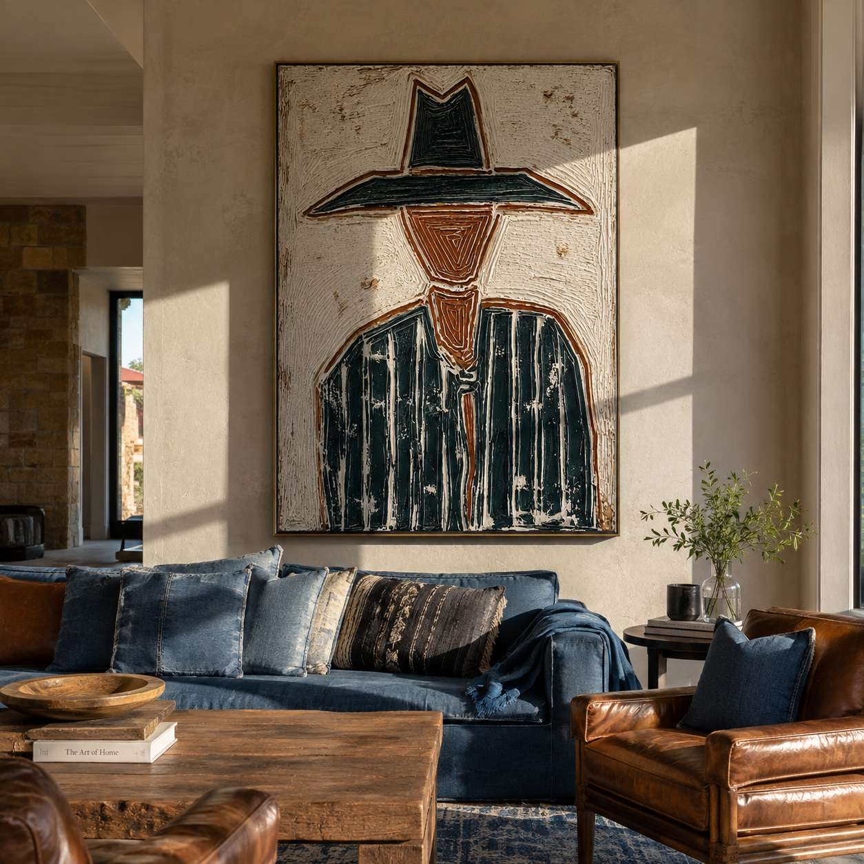 Black Brim Splits Ivory - textured black hat figure painting by Elliot Vale, modern figurative vertical wall art - styled room scene view 1