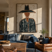 Black Brim Splits Ivory - textured black hat figure painting by Elliot Vale, modern figurative vertical wall art - styled room scene view 1