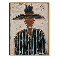 Black Brim Splits Ivory - textured black hat figure painting by Elliot Vale, modern figurative vertical wall art - wood frame on white background