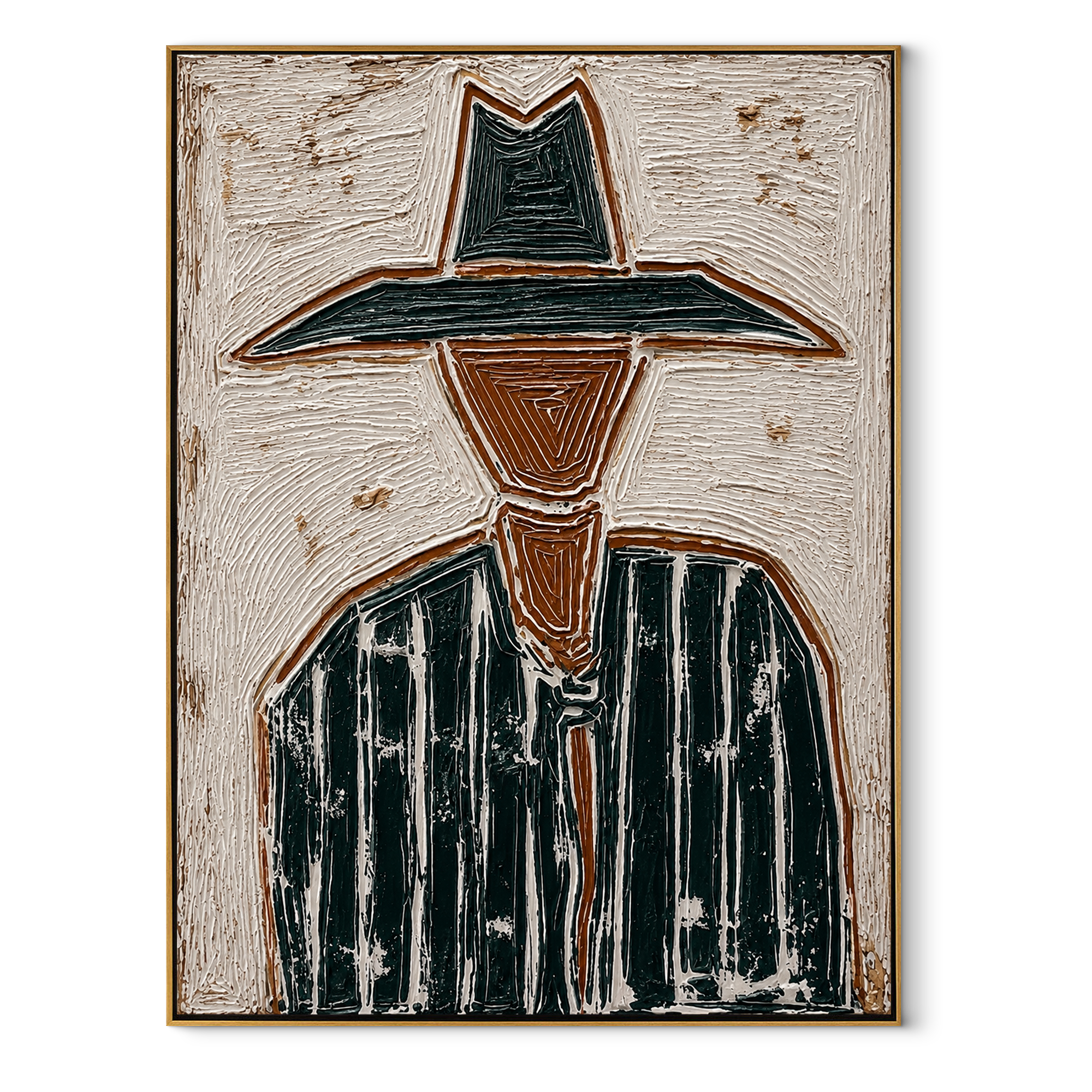 Black Brim Splits Ivory - textured black hat figure painting by Elliot Vale, modern figurative vertical wall art - wood frame on white background