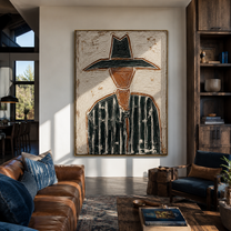 Black Brim Splits Ivory - textured black hat figure painting by Elliot Vale, modern figurative vertical wall art - styled room scene view 2