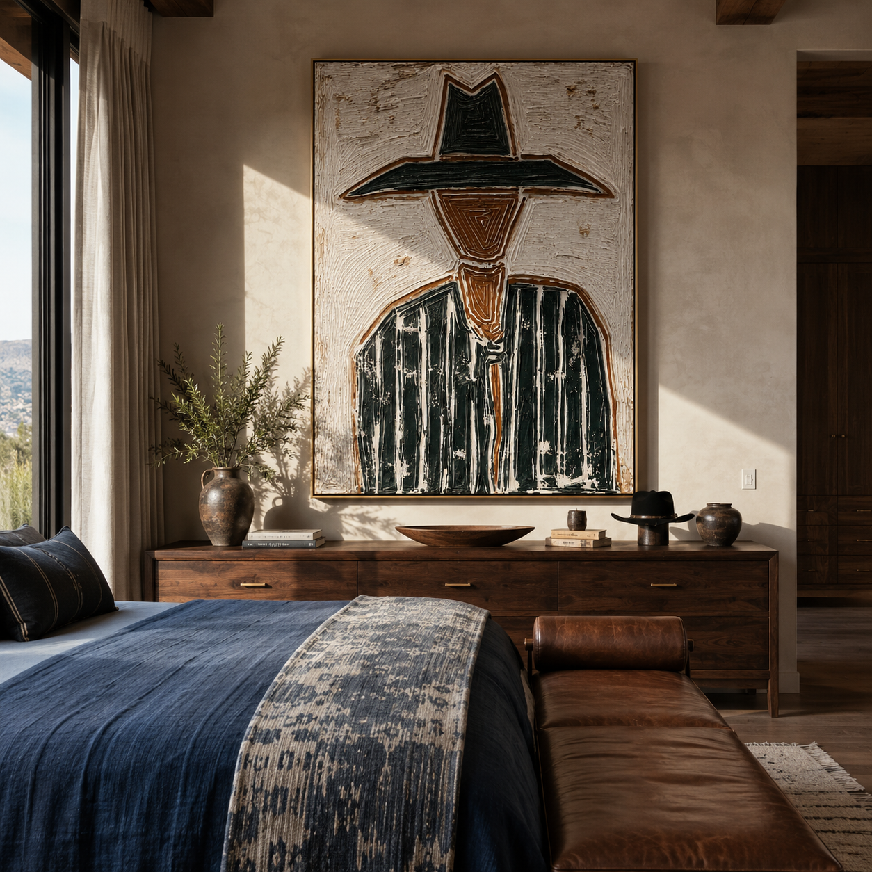 Black Brim Splits Ivory - textured black hat figure painting by Elliot Vale, modern figurative vertical wall art - styled room scene view 3