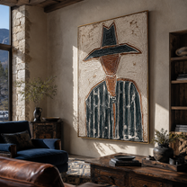 Black Brim Splits Ivory - textured black hat figure painting by Elliot Vale, modern figurative vertical wall art - styled room scene view 5