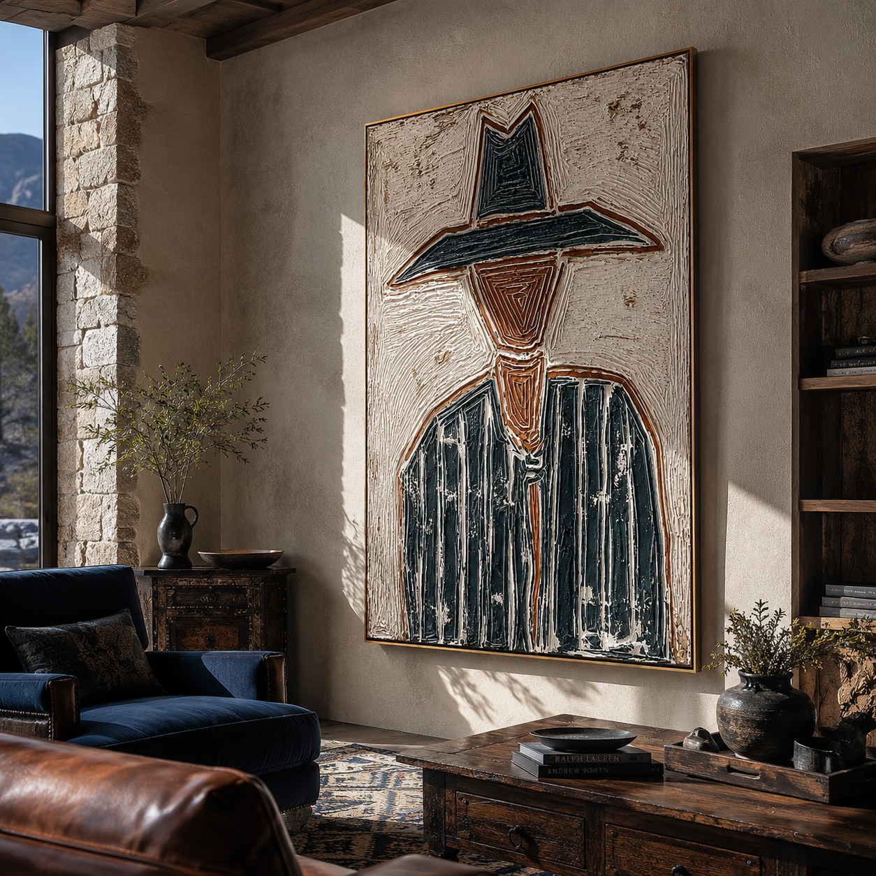Black Brim Splits Ivory - textured black hat figure painting by Elliot Vale, modern figurative vertical wall art - styled room scene view 5