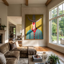 Turquoise Stripes Meet Scarlet - turquoise striped hat figure painting by Elliot Vale, modern figurative vertical wall art - styled room scene view 1