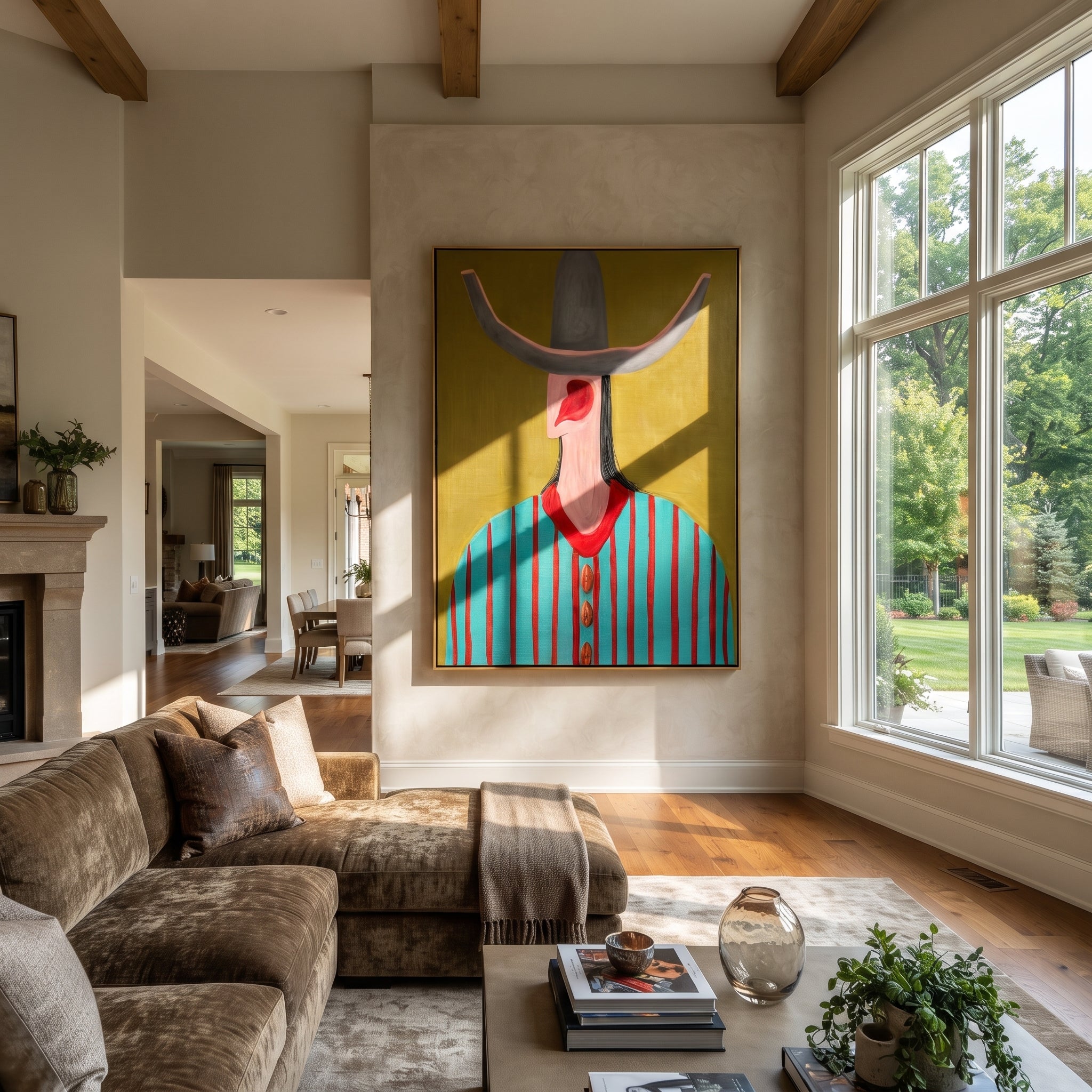 Turquoise Stripes Meet Scarlet - turquoise striped hat figure painting by Elliot Vale, modern figurative vertical wall art - styled room scene view 1
