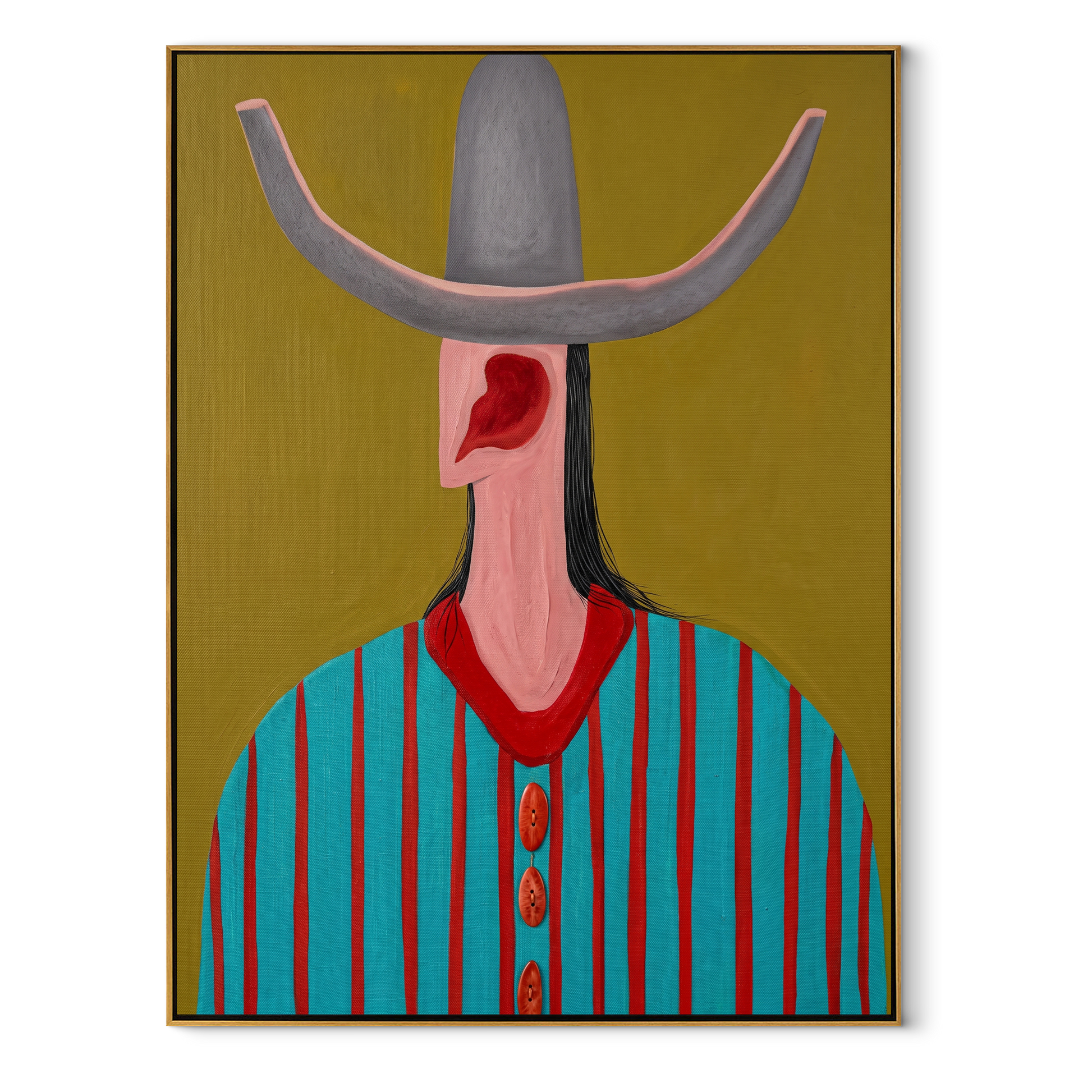 Turquoise Stripes Meet Scarlet - turquoise striped hat figure painting by Elliot Vale, modern figurative vertical wall art - framed artwork on white background