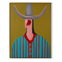 Turquoise Stripes Meet Scarlet - turquoise striped hat figure painting by Elliot Vale, modern figurative vertical wall art - framed artwork on white background