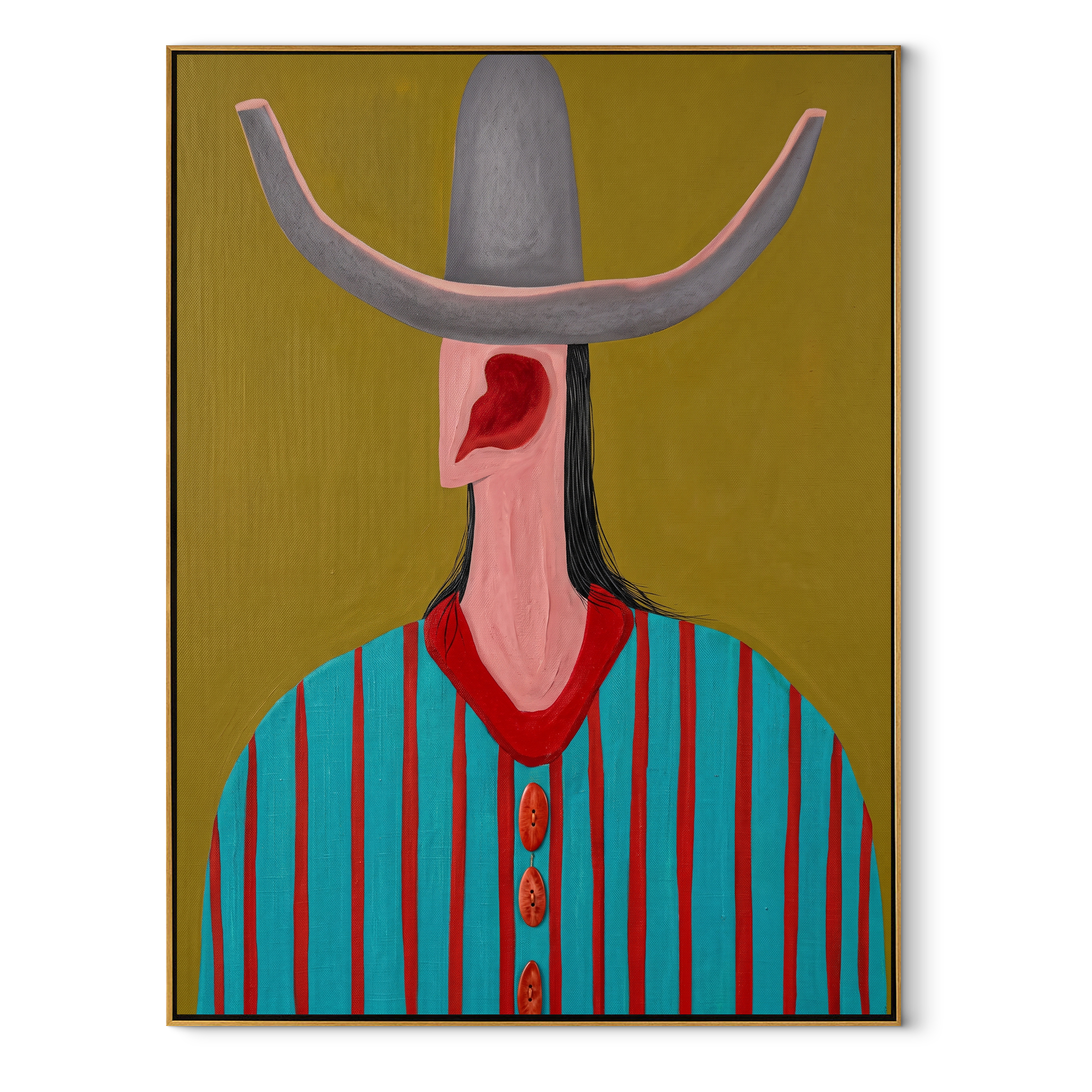 Turquoise Stripes Meet Scarlet - turquoise striped hat figure painting by Elliot Vale, modern figurative vertical wall art - framed artwork on white background