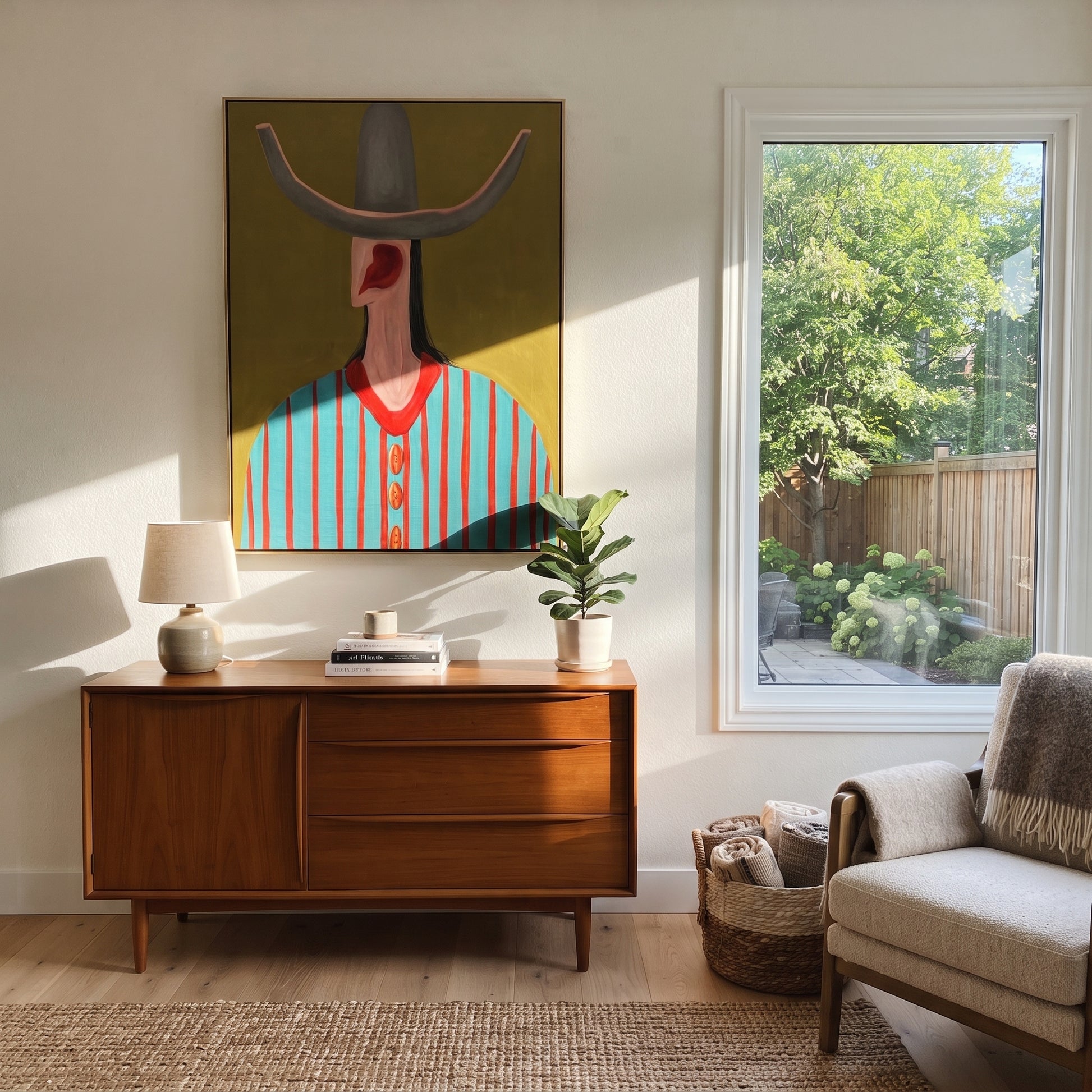 Turquoise Stripes Meet Scarlet - turquoise striped hat figure painting by Elliot Vale, modern figurative vertical wall art - styled room scene view 2