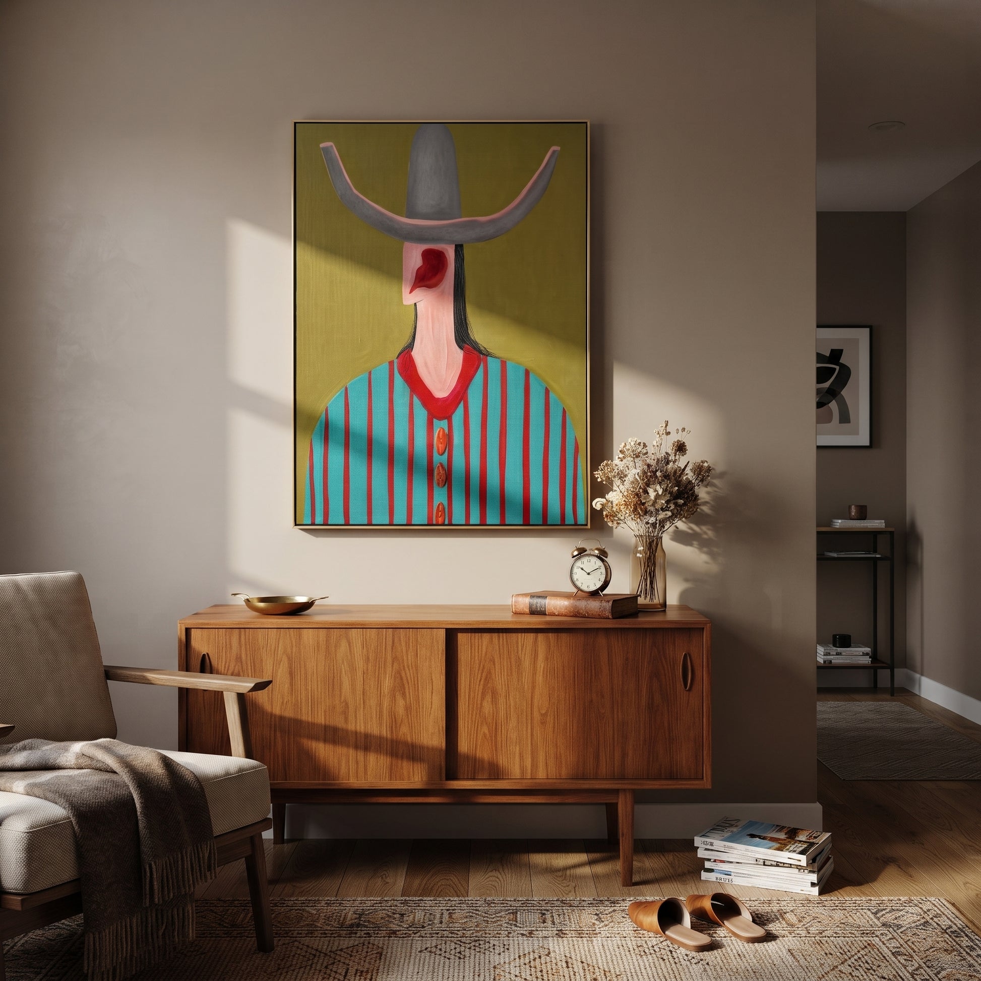 Turquoise Stripes Meet Scarlet - turquoise striped hat figure painting by Elliot Vale, modern figurative vertical wall art - styled room scene view 3