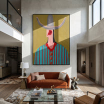 Turquoise Stripes Meet Scarlet - turquoise striped hat figure painting by Elliot Vale, modern figurative vertical wall art - styled room scene view 4
