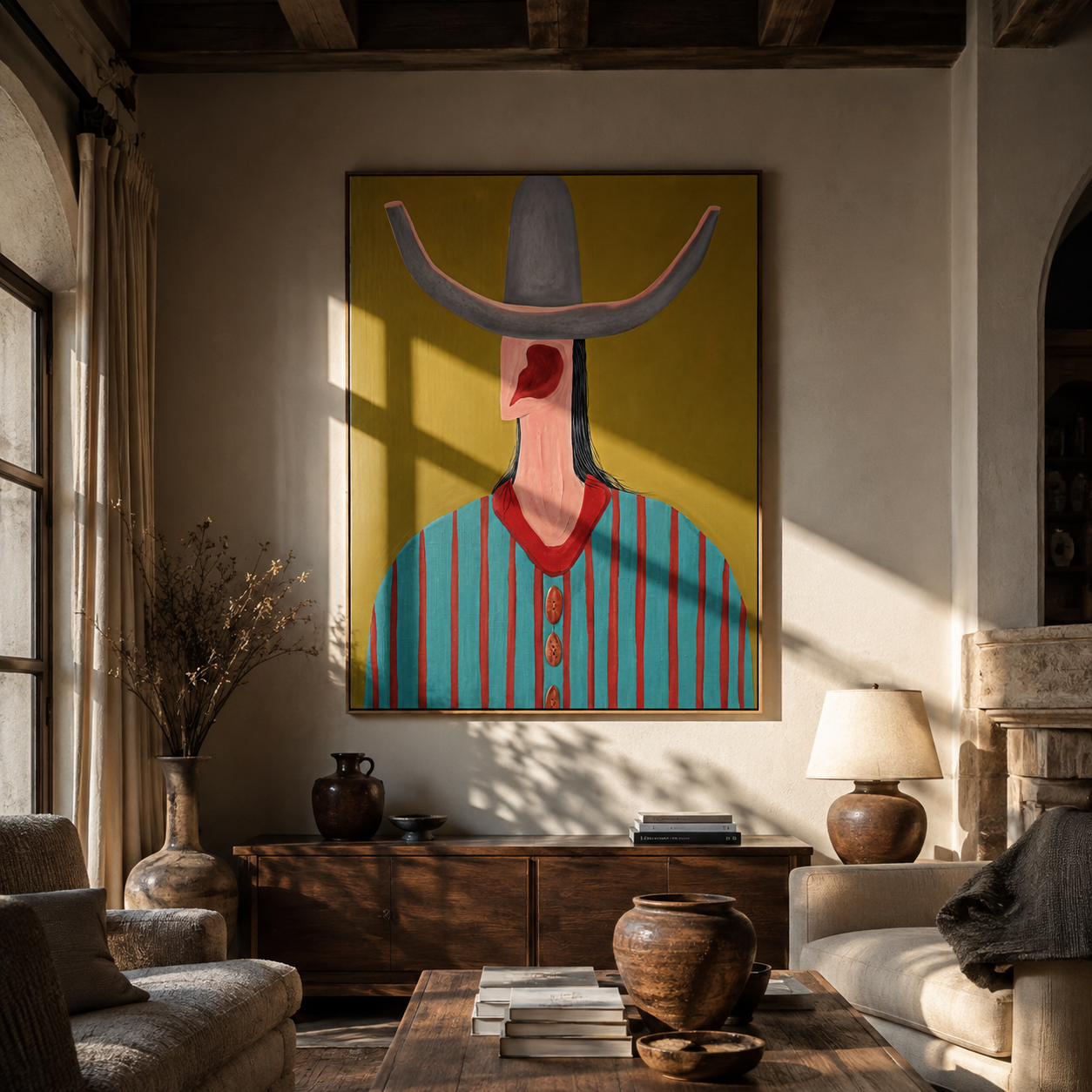 Turquoise Stripes Meet Scarlet - turquoise striped hat figure painting by Elliot Vale, modern figurative vertical wall art - styled room scene view 5