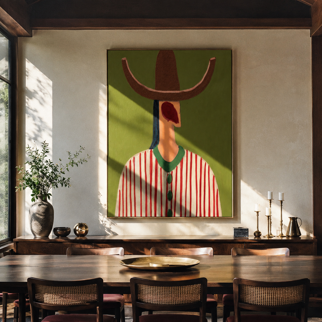 Red Lines Hold Olive - red striped hat figure painting by Elliot Vale, modern figurative vertical wall art - styled room scene view 1