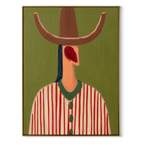 Red Lines Hold Olive - red striped hat figure painting by Elliot Vale, modern figurative vertical wall art - framed artwork on white background