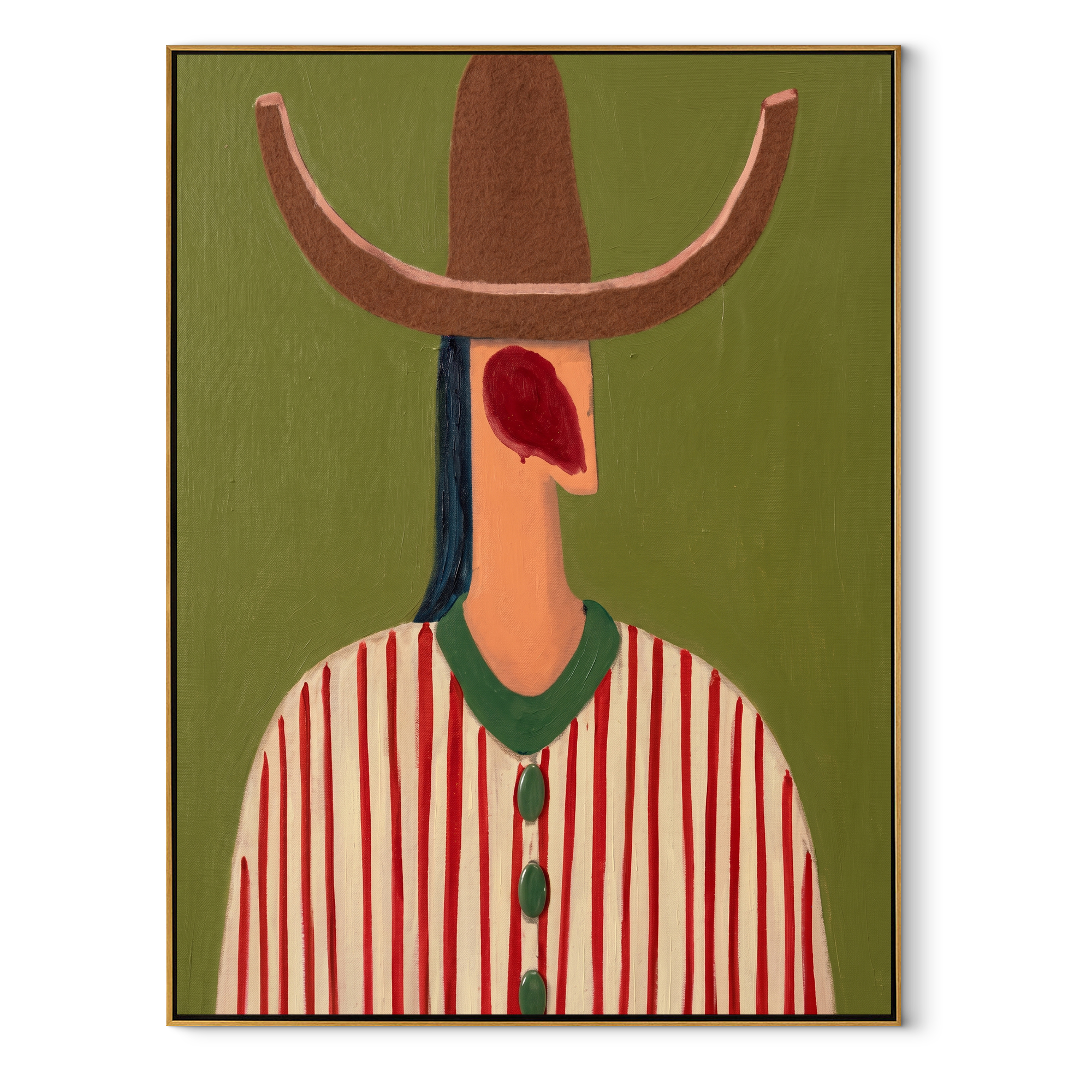 Red Lines Hold Olive - red striped hat figure painting by Elliot Vale, modern figurative vertical wall art - framed artwork on white background