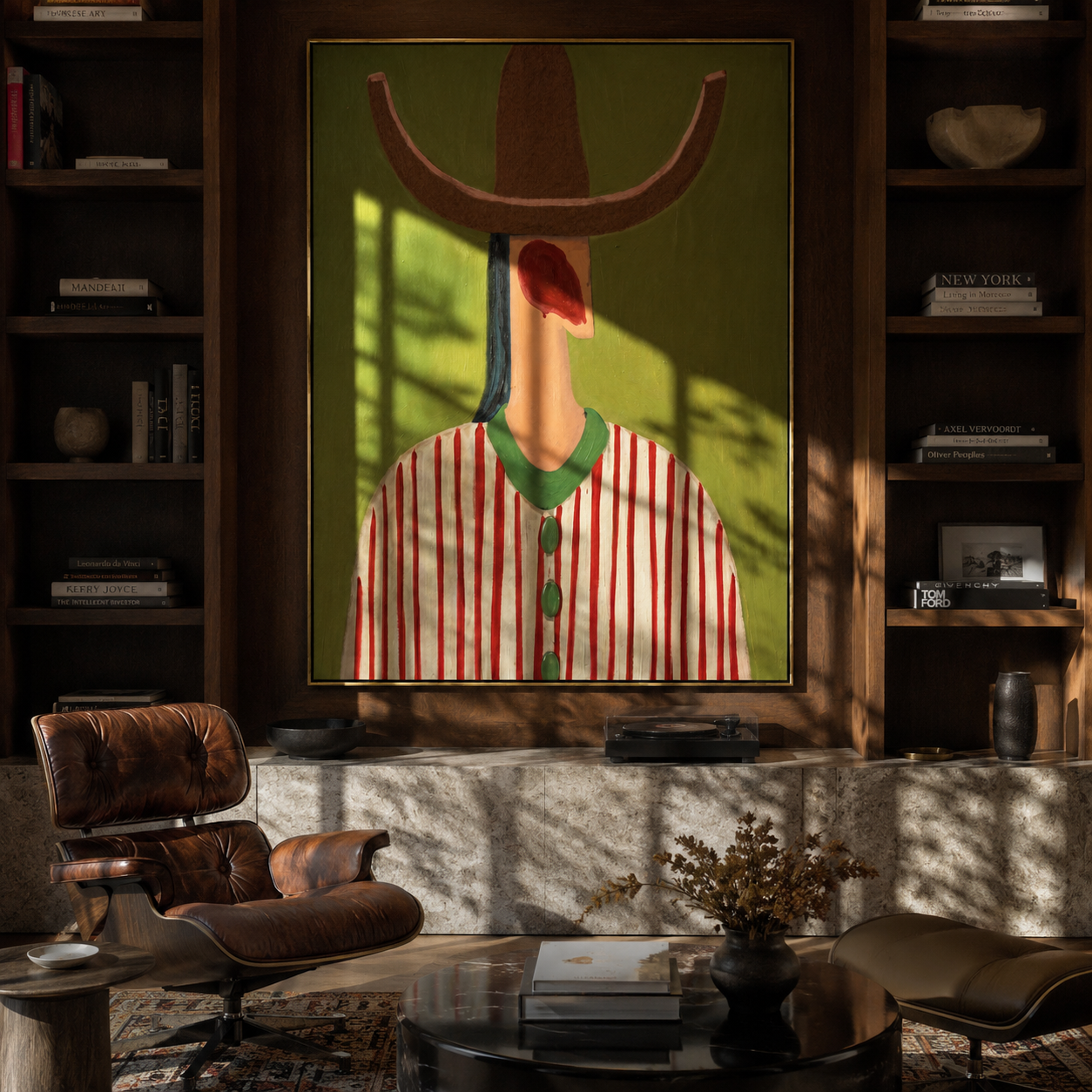 Red Lines Hold Olive - red striped hat figure painting by Elliot Vale, modern figurative vertical wall art - styled room scene view 2