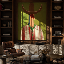Red Lines Hold Olive - red striped hat figure painting by Elliot Vale, modern figurative vertical wall art - styled room scene view 2