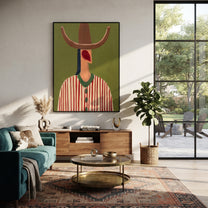 Red Lines Hold Olive - red striped hat figure painting by Elliot Vale, modern figurative vertical wall art - styled room scene view 3