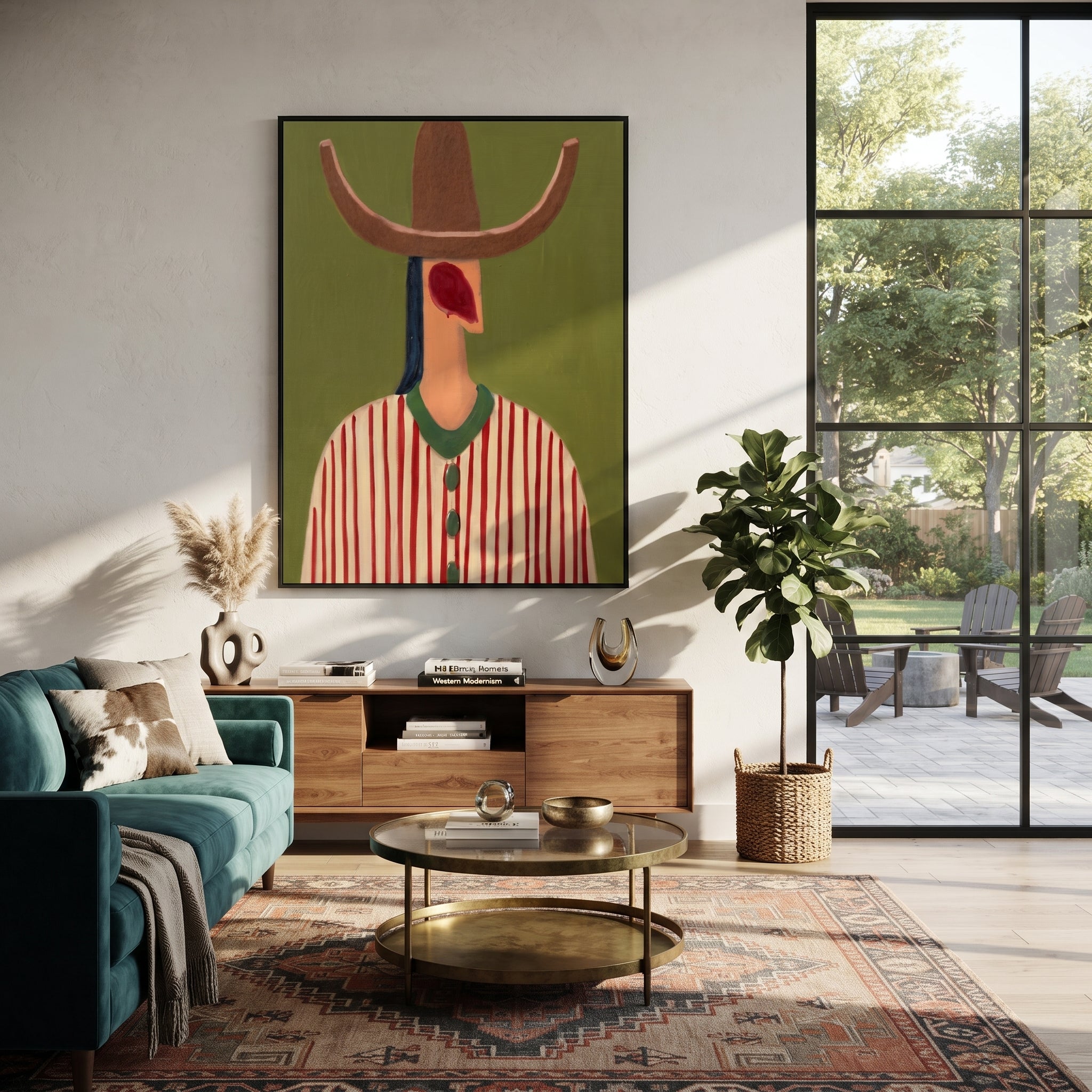 Red Lines Hold Olive - red striped hat figure painting by Elliot Vale, modern figurative vertical wall art - styled room scene view 3