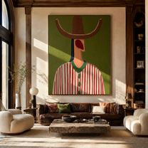 Red Lines Hold Olive - red striped hat figure painting by Elliot Vale, modern figurative vertical wall art - styled room scene view 4