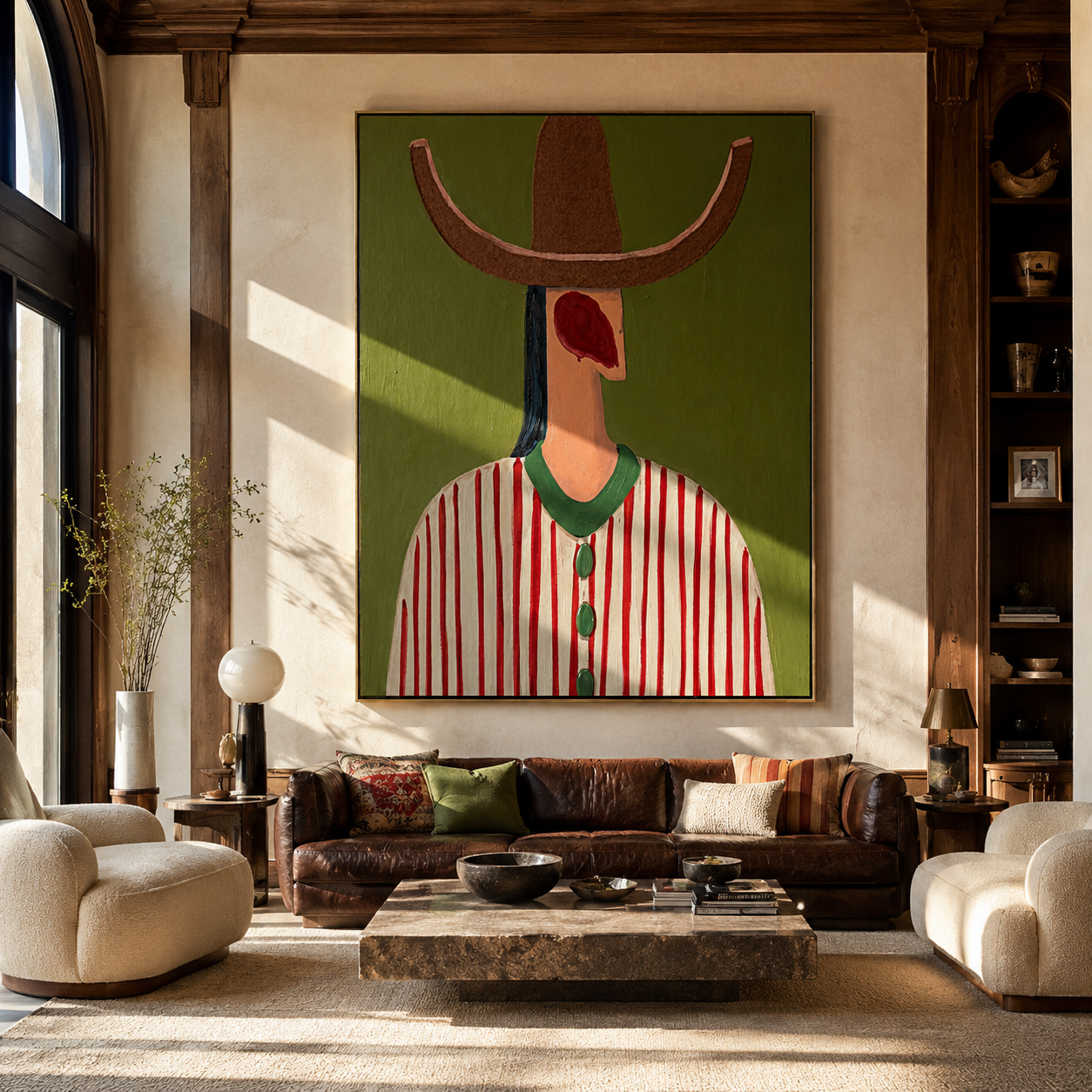 Red Lines Hold Olive - red striped hat figure painting by Elliot Vale, modern figurative vertical wall art - styled room scene view 4
