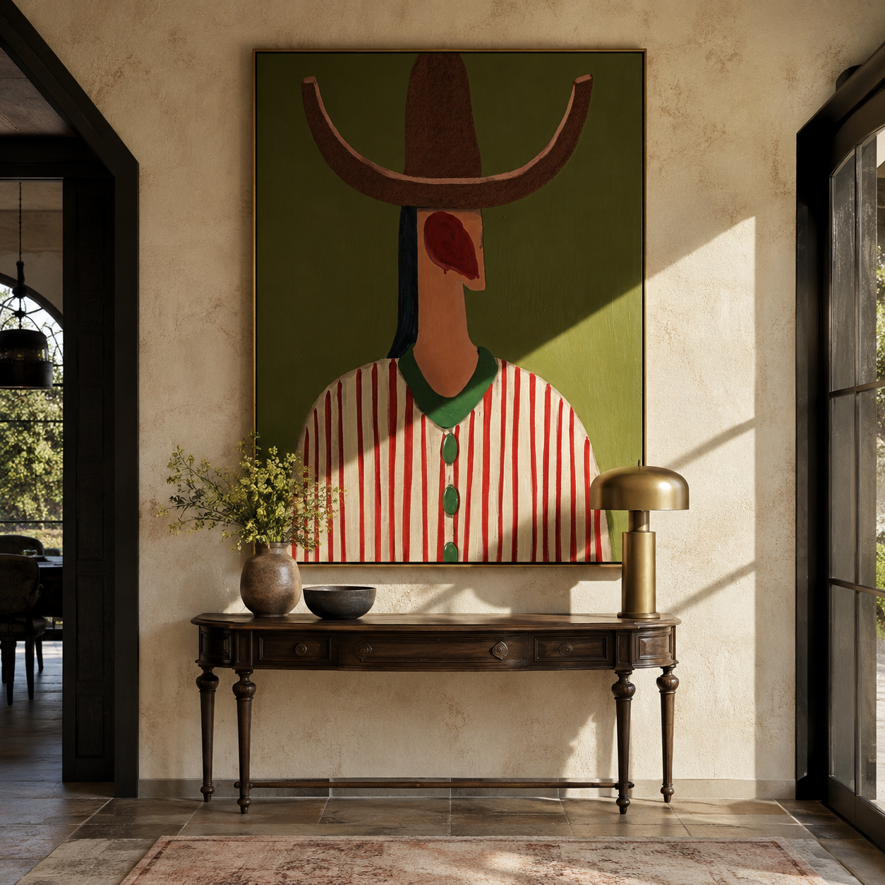 Red Lines Hold Olive - red striped hat figure painting by Elliot Vale, modern figurative vertical wall art - styled room scene view 5