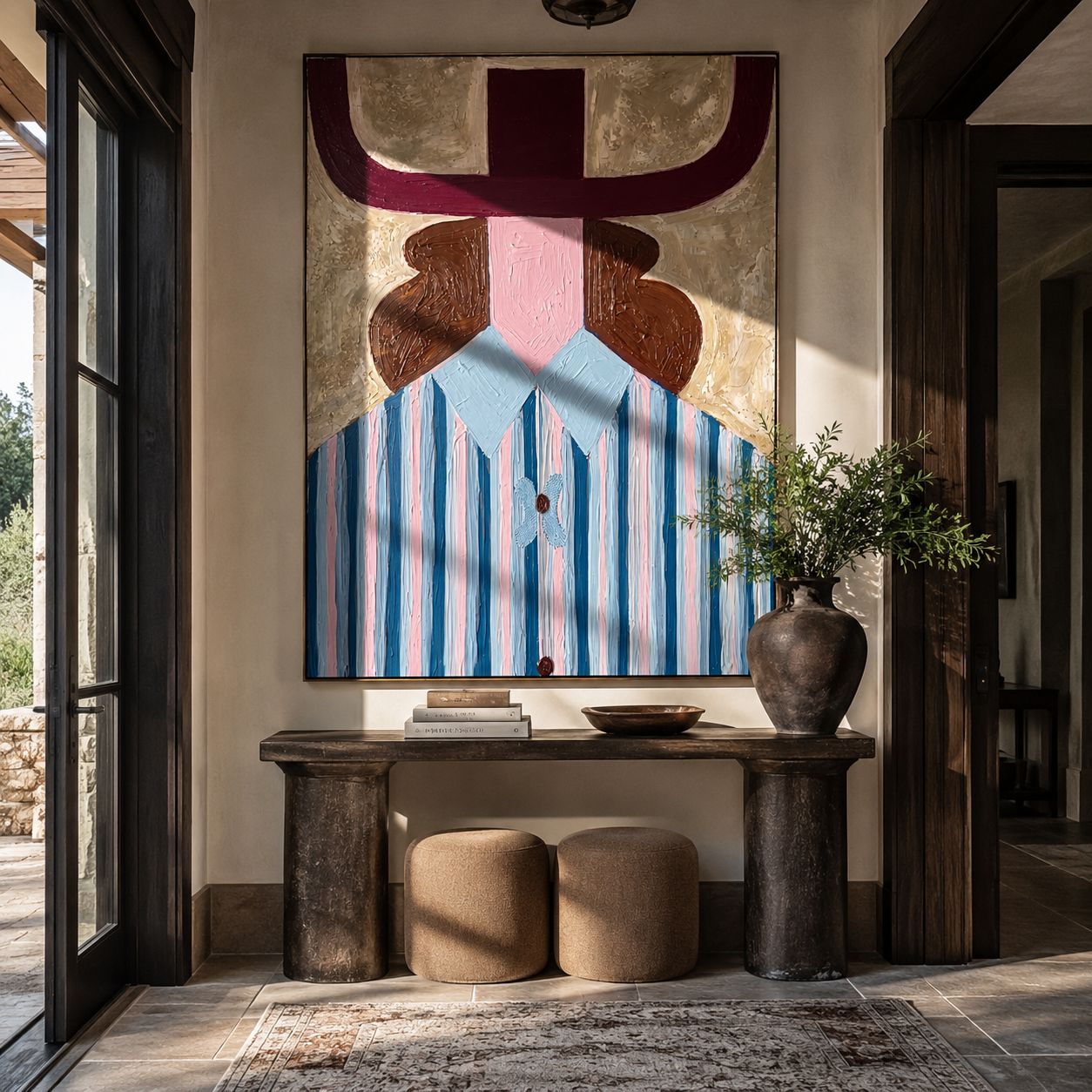 Burgundy Horns Frame Blue - blue striped woman painting by Elliot Vale, modern figurative vertical wall art - styled room scene view 1